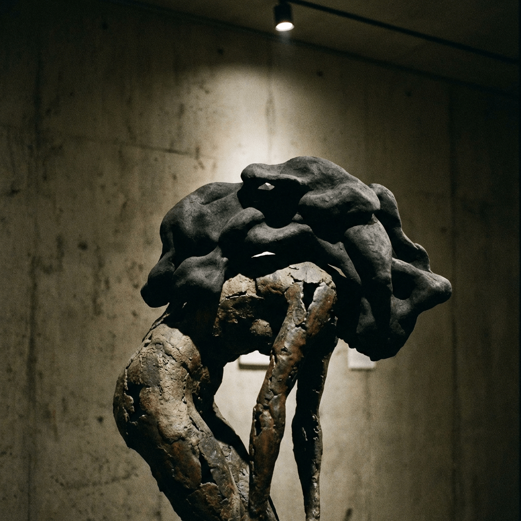 Bronze sculpture of a hunched figure carrying a large, dark, lumpy mass.